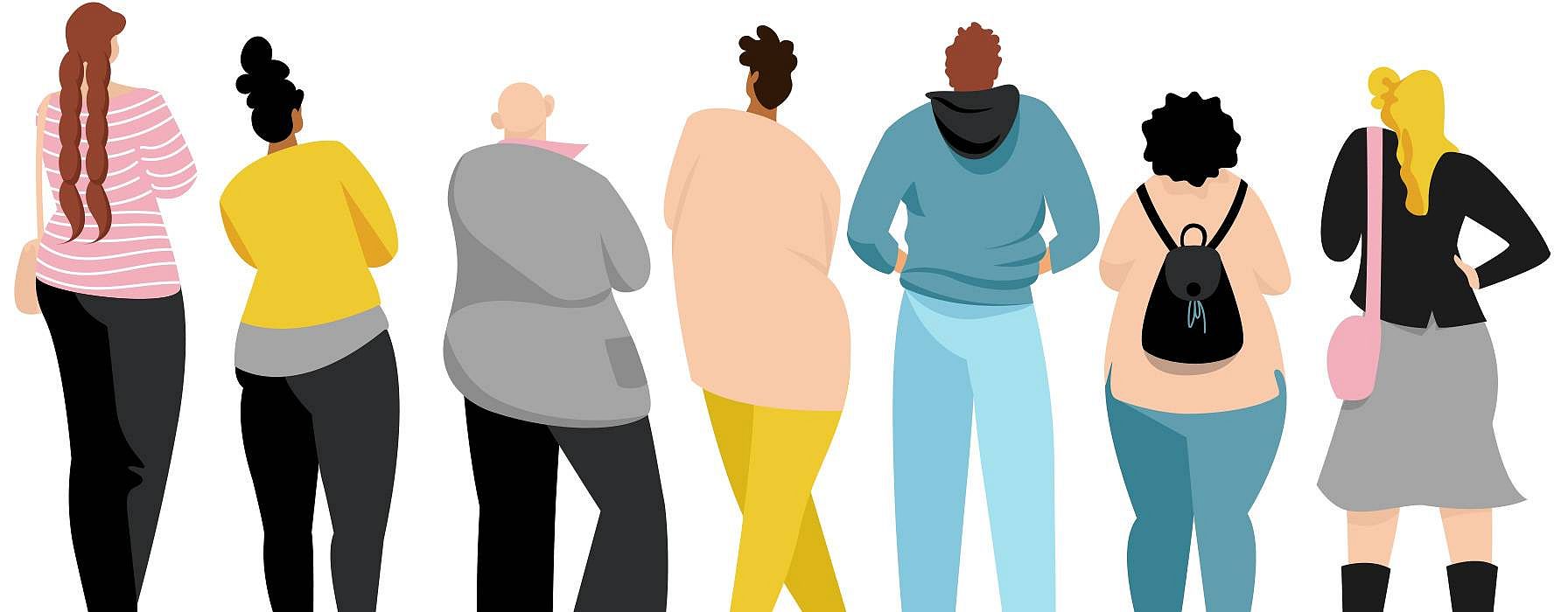 Illustration einer Reihe von verschiedenen Menschen von hinten