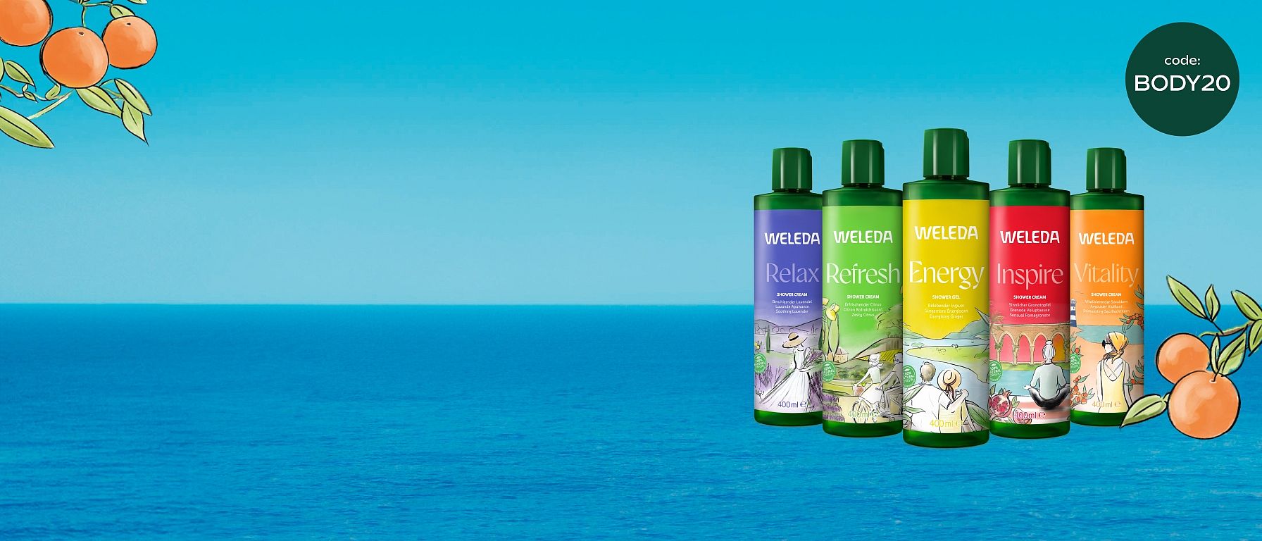 Douches Weleda sur fond maritime. Brouilleur avec texte Code : BODY20