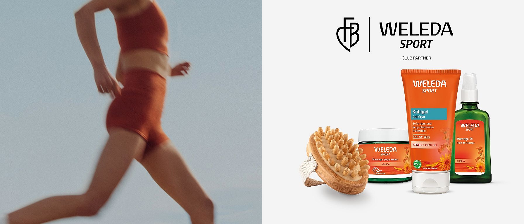 Deux photos côte à côte ; à gauche, une femme faisant son jogging, à droite, les produits Weleda Arnica Sport, y compris la brosse de massage pour le corps.