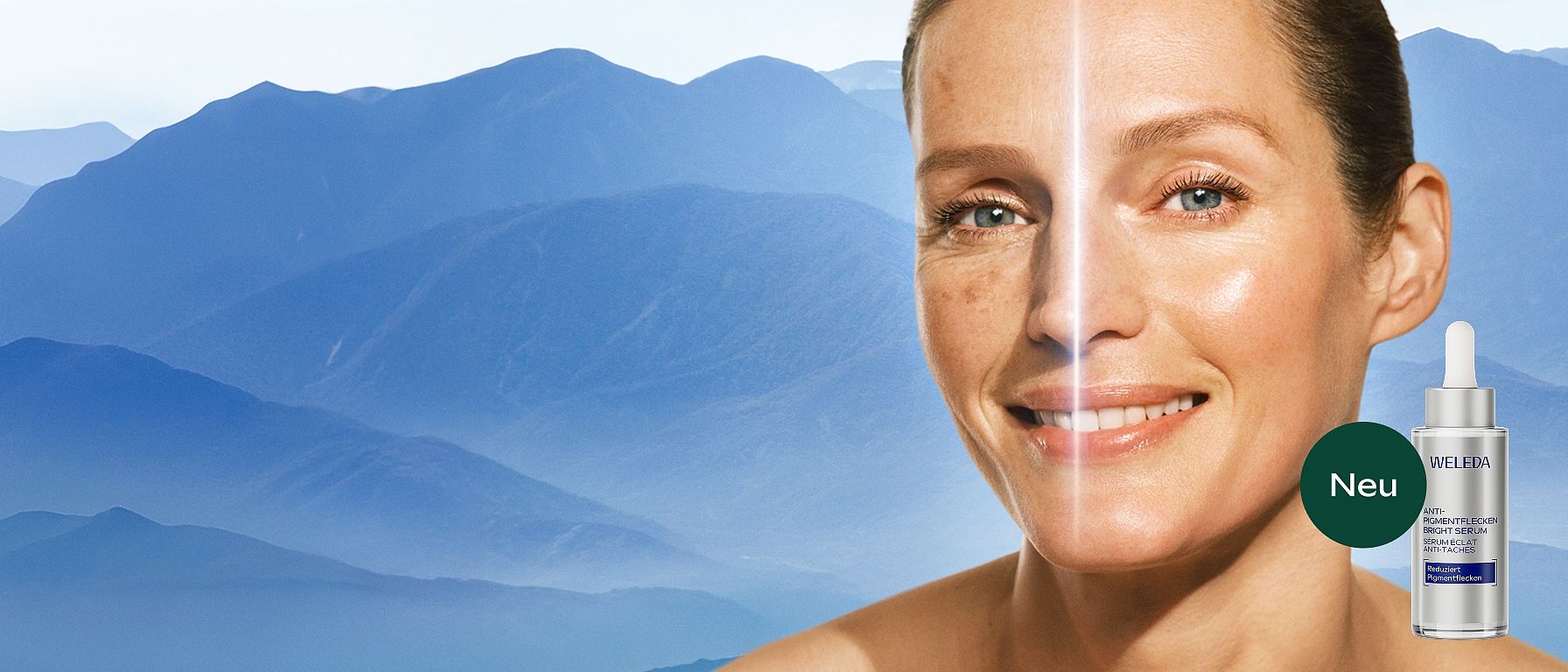 Frau vor Hintergrund der Schweizer Alpen. Außerdem Abbildung des neuen Weleda Bright Anti-Pigmentflecken Serums