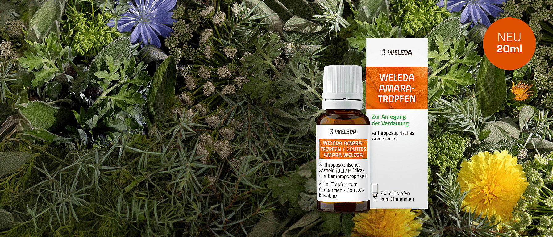 Amara Tropfen in neuer 20ml Größe vor Hintergrund von verschiedenen Pflanzen