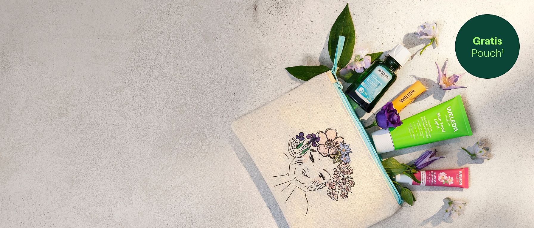 Weleda Pouch mit Kera Till Design auf neutralem Hintergrund. Daneben werden einige Weleda Produkte abgebildet.