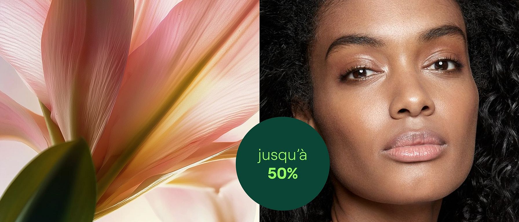 Image divisée avec une fleur à gauche et une femme à la peau plus foncée et aux cheveux bouclés à droite