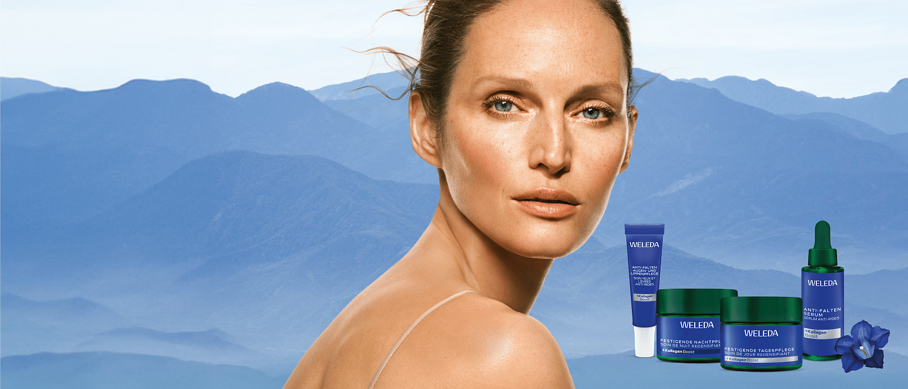 Femme sur fond alpin avec illustration du Soin Visage Raffermissant Gentiane Bleue & Edelweiss Weleda