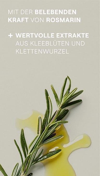 Rosmarinzweig und Rosmarinöl. Mit der blebenden Kraft von Rosmarin. Wertvolle Extrakte aus Kleeblüten und Klettenwurzel.
