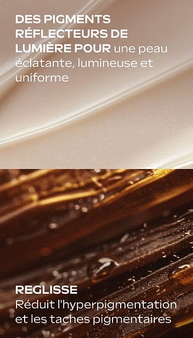 Des pigments réflecteurs de lumière pour une peau éclatante, lumineuse et uniforme.