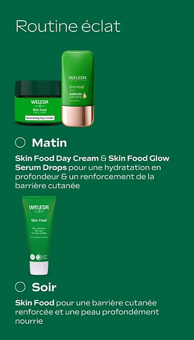 Routine éclat. Matin : Skin Food Day Cream and Skin Food Glow Serum drops pour une hydratation en profondeur et un renforcement de la barrière cutanée. Soir : Skin Food pour une barrière cutanée renforcée et une peau profondément nourrie.