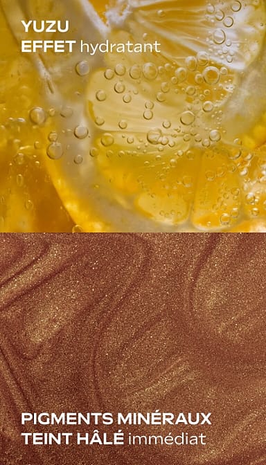 Yuzu  : effet hydratant. Pigments minéraux : teint halé immédiat.