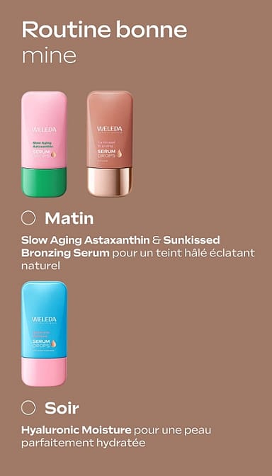 Routine bonne mine. Matin : Slow aging astaxanthin and sunkissed bronzing serum pour un teint hâlé éclatant naturel. Soir : Hyaluronic Moisture pour une peau parfaitement hydratée.