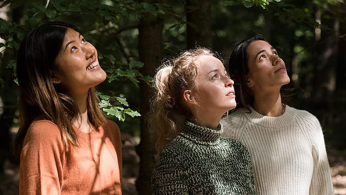 Drei Frauen blicken nach oben, Sonne strahlt in ihr Gesicht.