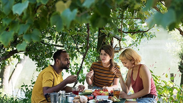 Drei Freunde essen zusammen am See